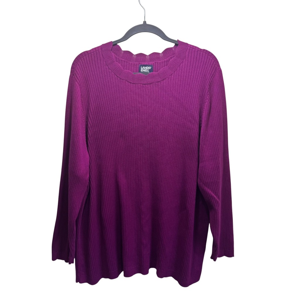Lands End Cotton Modal Ribbed Scaloped Preppy Academia Sweater Wos 3X Purple